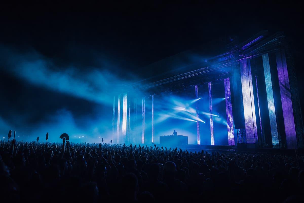 Wide shot of Nova Haller on a festival stage with the crowd below